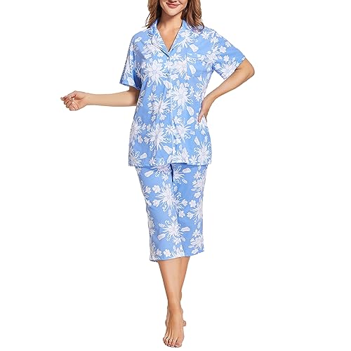 Image of Tugege Capri Pajamas Set Womens Button Down Short Sleeve Lounge Sets Sleepwear Notch Collar Top & Capri 2 Piece PJ Sets
