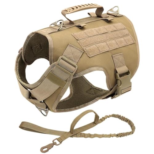 軍事戦術ペットハーネスベスト調節可能なナイロン作業犬ハーネス首輪リーシュセット犬キャンプ狩猟トレーニングハーネス中型犬から大型犬用,カーキセット,S