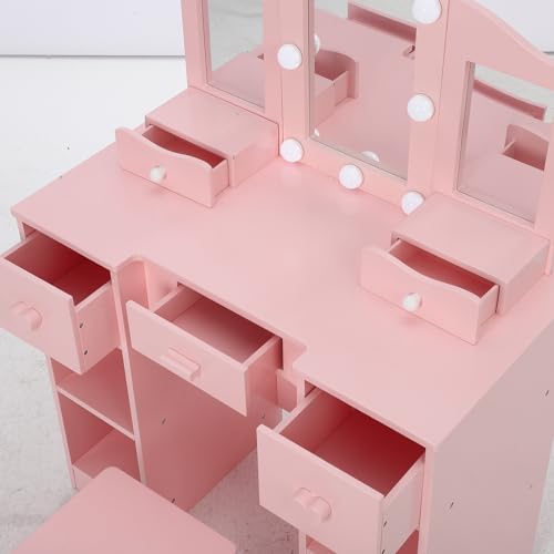 Kids Vanity Set With Mirror, 2-In-1 Wooden Toddler Vanity Table With Stool, Tri-Folding Mirror & Drawer,Princess Pretend Play Makeup Vanity Princess Makeup Desk Dressing Table for Little Girls