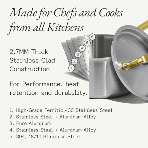 Image of Made In Cookware - 5 Pc Stainless Steel Cookware Set (Antique Brass Handle) - 5 Ply Clad - Includes Stainless Steel Frying Pan, Saucepan and Saucier with Lid - Professional Cookware - Crafted in Italy