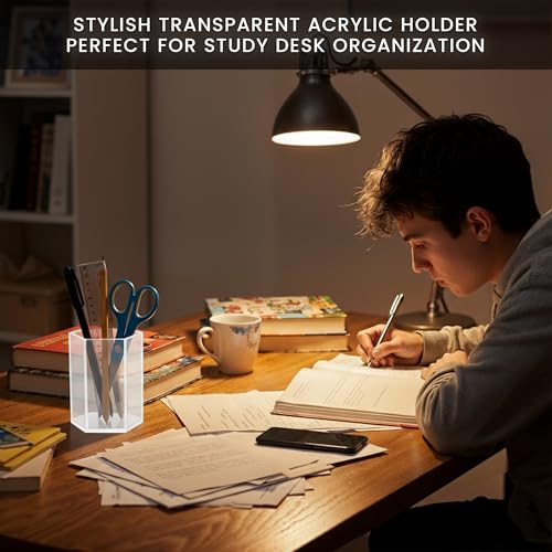Image of Acrylic Pen Holder for Desk | Hexagonal Cute Pen Holder | Multipurpose Clear Acrylic Makeup Organizers, Clear Toothbrush Holder Cups & Pencil Cups for Classroom, Office Desk Accessories