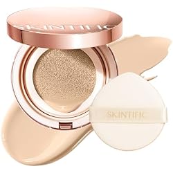 SKINTIFIC Full Coverage Cushion Foundation #0W Warm Porcelain | Weightless, Satin Glow Finish, Oil-Control Waterproof, Sweatproof Flawless BB Cream CC Korean Makeup,Tattoo Cover Up