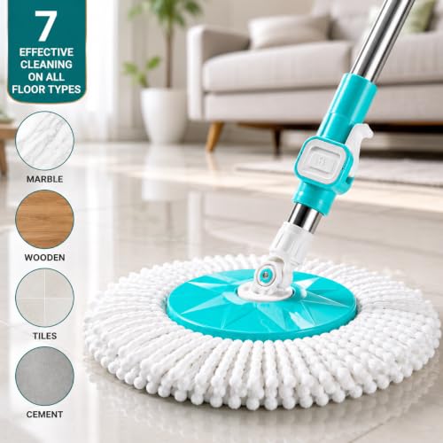 Image of Ultra Spin Mop Set | Adjustable Mop Rod for Floor Cleaning | Stainless Steel Handle & Total 1 Microfiber Refills ,Easy to fit &use for All Types of Mops - ( C-Green )