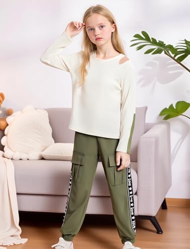 Hihosdor Girls Clothes Long Sleeve Ribbed Knit Cold Shoulder Top and Cargo Pant Set Teen Girls Outfits, White, 6-7 Years — view 3