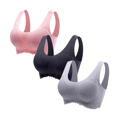 Sport BH, 3er Pack BH Damen Ohne Bügel Push Up Große Brüste Klassische Bequem Starker Halt Bügelloser Bustier Gepolstert Seamless Soft Bra Buegel T Shirt V-Ausschnitt Bralette