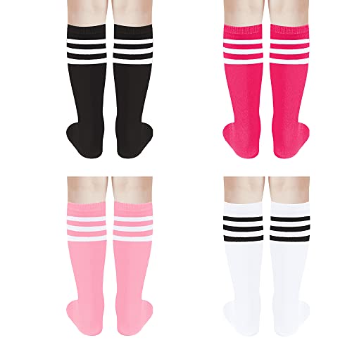 UTTPLL 4 Pairs Toddler Soccer Socks Kids Girls Boys Baseball Sports Socks Uniform Stripes Knee High Long Tube Socks3
