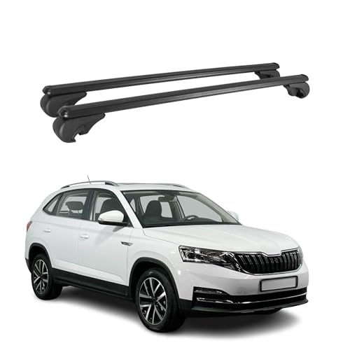 OMAC Barre portapacchi portapacchi compatibili con Skoda Kamiq 2019-2025, in alluminio, 75 kg, nero, 2 pezzi, barre aperte per portabici, box da tetto, portasci con serratura