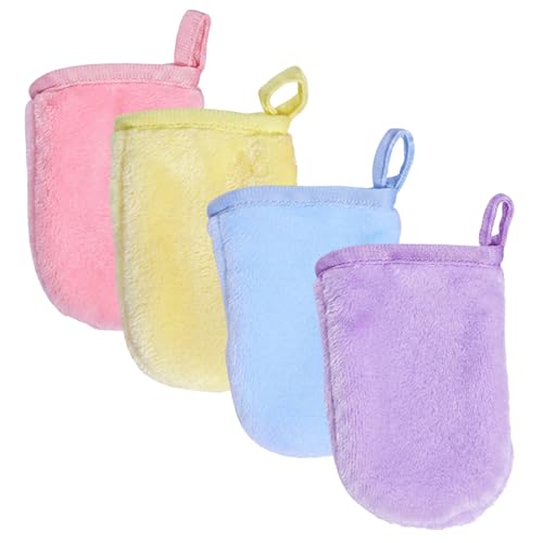 ITCGOB 4 Pièces Gants de Toilette en Flanelle, Gant Démaquillant Visage Lavable et Réutilisable, Gant de Toilette Microfibre Doux pour Peaux Sensibles, Nettoyage Efficace avec Boucle de Suspension