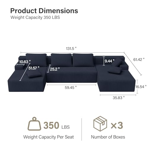 Image of LAUSAINT HOME 132 inch Modular Sectional Sofa Couches, U-Shaped Boneless Cloud Sofa with 4 Deep Seat, 6 Cushiones Oversized Chaise for Living Room, Bedroom, Plush Corduroy Fabric (U Shaped,Navy Blue)