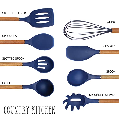 Country Kitchen Utensili da cucina in silicone, set di 8 utensili da cucina in legno, facili da pulire, utensili da cucina per pentole antiaderenti, utensili da cucina e set di spatole, blu navy - immagine 3