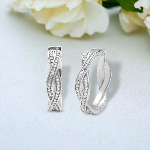 Jewelili Sterling Silver Twisted Hoop Earrings for Women | 1/6 CTTW White Diamonds or Treated Black and Natural White Round Diamonds | Hinge with Notched Post | Luxury Jewelry Gift for Her | Gift Box Included2
