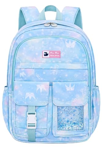 Mochila Escolar Infantil Menina Impermeável 41cm – Mochila Feminina Infantil Reforçada com Compartimentos, Abertura 180°, Multi Bolsos, Leve para Escola, Passeio e Viagem (Azul Arco-Íris)