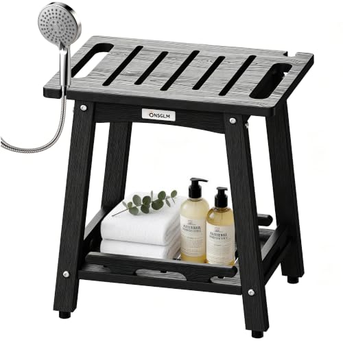 ONSGLM Shower Bench Seat Non-Slip Shower Benches for Inside Shower to Sit on HDPE Waterproof Shower Stool for Shaving Legs Shower Chair with Adjustable Feet for Bathroom Indoor/Outdoor Use Black