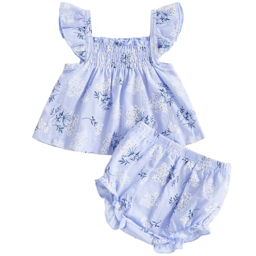 Image of Mubineo Baby Girl Summer Clothes Cute Ruffle Tops Dress Shorts Outfits Set Infant Toddler Shrit Bloomers Princess Outfit