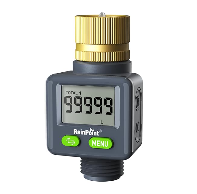 Rainpoint Water Flow Meter with Brass Inlet 180Screen-Flip Garden Hose Flow Meter Measure up to 9999.9 Gallon/Liter Consumption & Flow Rate for RV Garden Hose Sprinkler & Nozzle Sprayer