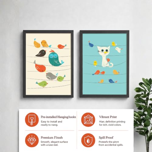 Image of PAINTINGMANTRA Birds & Cat Cartoon Wall Art Painting for Kids Room, Animal Framed Painting for Living Room, Playroom, kids room decoration items, Set of 2, 9x13 Inch