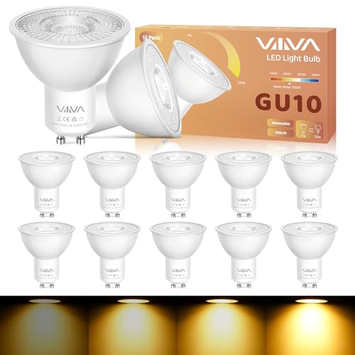 VIIIVA GU10 Led Bulbs Warm White Dimmable-12 Packs 7W 3000K Spotlight Light Bulb (50W Equivalent) Energy Saving CRI>80 510LM 38 Beam Angle Non-Flicker for Home Lighting