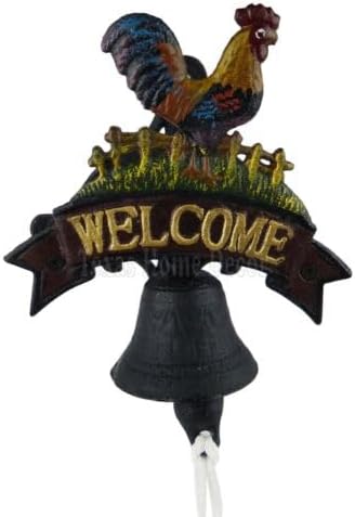 Rooster Welcome Dinner Bell Cast Iron Hand Painted Antique Style Heavy Duty -cirasanyoe