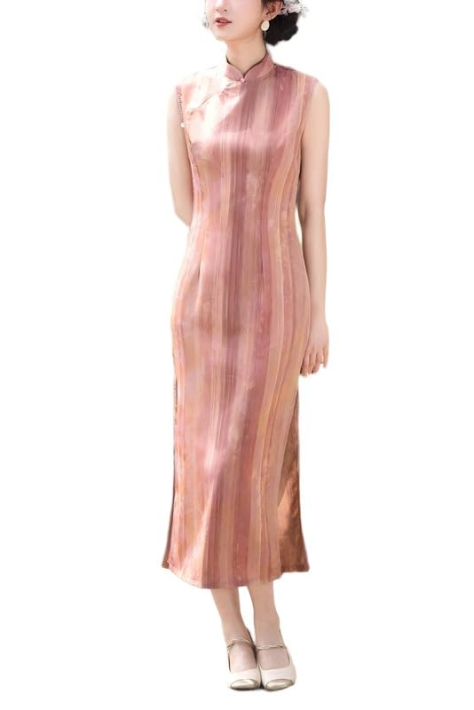 Abito Lungo Qipao Estivo Senza Maniche Aderente in Stile Cinese Cheongsam retrò per Banchetti di Nozze spettacoli e Serate di Gala