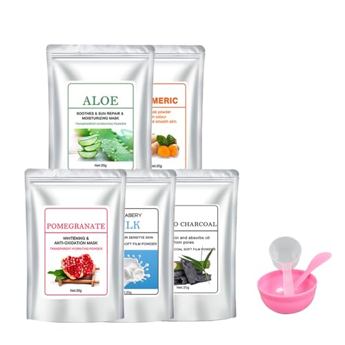 Masque En Poudre Professionnel Pour Soins Du Visage - Kit De 5 Masques Hydrogel (Charbon De Bambou, Aloe Vera, Grenade, Curcuma, Lait) + Outils, Hydratation Intense, Spa à Domicile