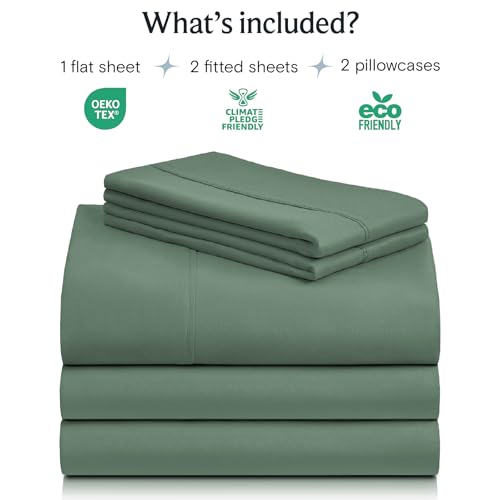 Image of LuxClub 5 PC Split King Sheet Set, Breathable Luxury Bed Sheets, Deep Pockets 18 inch Eco Friendly Wrinkle Free Cooling Sheets Machine Washable Hotel Bedding Silky Soft - Tree Moss Green Split King