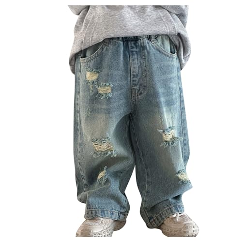 Boy's Elastic Waist Wide Leg Cargo Jeans Casual Baggy Demin Pants Loose Trendy Pants with Pockets 3-12 Years
