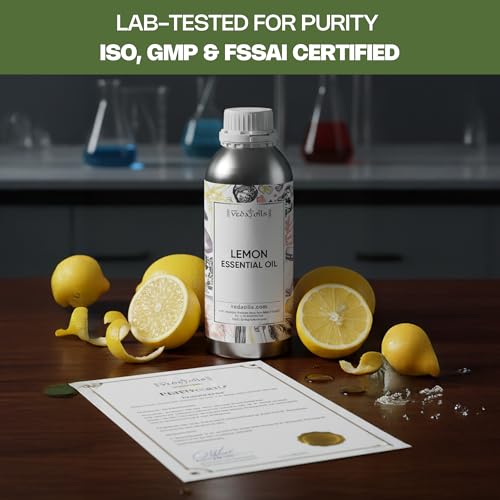 Image of VedaOils Lemon Essential Oil for Skin, Face and Hair | 100% Pure & Natural Lemon Oil for Diffuser, Aromatherapy, Cleaning & DIY Candle Making | 100ml