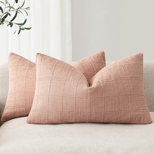 Image of Foindtower Set of 2 Decorative Linen Check Throw Pillow Covers Neutral Farmhouse Lumbar Cushion Covers Modern Boho Accent Home Decor for Sofa Chair Couch Bedroom Living Room,12x20 Inch,Coral Pink