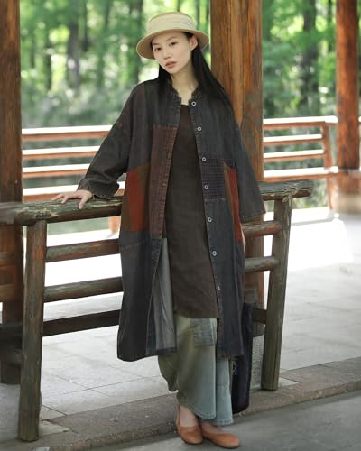 Women's Vintage Distressed Denim Trench Coat Oversized Long Jean Jacket Boho Streetwear Style2