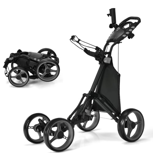 COSTWAY Carrito Golf Plegable Ligero de 4 Ruedas, Carrito de Golf con Bolsa Impermeable y Freno de Pie, Soporte para Paraguas Ajustable y Taza, Mango Ajustable en Altura