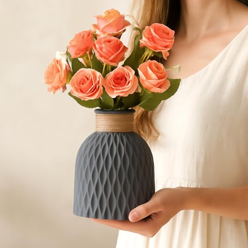 Image of Plastic Pineapple Shape Decorative Vase with Jute Rope Top | Ceramic Look, Unbreakable Flower Pot for Centre Table, Balcony & Living Room Decor | Only Vase (No Flower) (Grey)