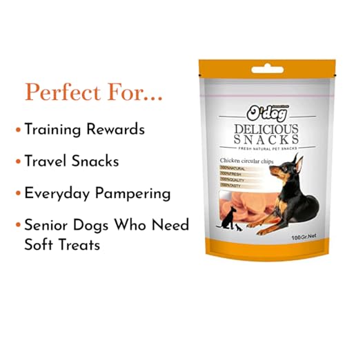 Image of PETS EMPIRE O'Dog Chicken Circular Chips, Healthy Dog Treats, Chewy Dogs Bites for Training and Feeding, Made with Real Chicken, Non-Vegetarian Pup Snacks for Dogs, Puppies - 100g