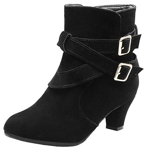 Lydee Damen Klassisch Western Booties Mini Heels Pull on Stiefeletten Belt Schnalle Knochel Stiefel Solid Black Gr 34 Cover