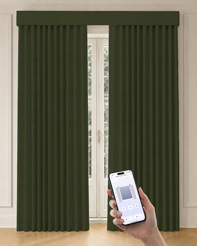 Image of Graywind Motorized Curtains with Track, 100% Blackout Smart Curtains, Hardwired Curtains Compatible with Alexa Google Home Remote Control for Large Windows, Custom Drapes Up to 220 inch, Lush (Moss)
