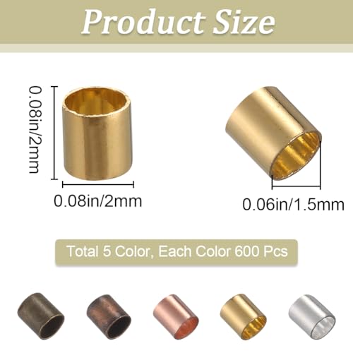 SOFPLATE 1 Box 3000Pcs 5 Colors 2mm Crimp Tubes Jewellery Crimp Beads Bulk Wire Cord End Caps Stopper Loose Bead Spacers 1.5mm Hole for Jewellery Making Necklace Bracelet Earrings Supplies DIY Crafts - Image 2