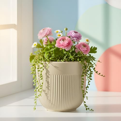 Image of Xtore Elegant Dual-Texture Ceramic Planter Pot for Indoor Plants | Modern Ribbed Flower Pot for Home, Office Desk & Balcony Decor (Cream Beige - Planter only)