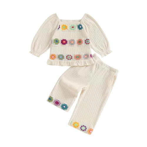 Image of XIXIMAON Toddler Baby Girl Fall Outfits Crocheted Flower Long Puffy Sleeve Ruffled Tops Wide Leg Pants Set 2 Piece Kids Girls Fashion Linen Clothes (Apricot, 3-4T)