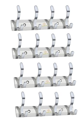Image of Heavy Duty S Type Stainless Steel Cloth Hanger Suitable for Bathroom Bedroom Kitchen Wall Hook Rail Hanging Scarf Coat Keys Tie Towel Door Robe (Pack of 4, 4 Pin Silver)