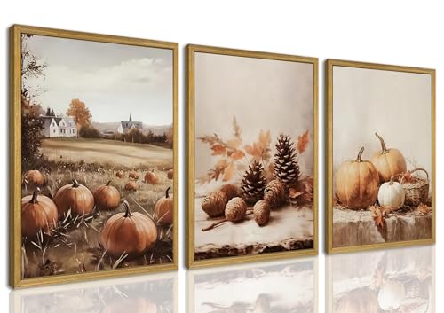 3-piece Framed Autumn Pumpkin Canvas Wall Art, Rustic Farmhouse Fall Harvest Pumpkin Pinecone Acorn Print Picture, Thanksgiving Country Landscape Wall Decor for Living Room Kitchen Bedroom 12x16 inch