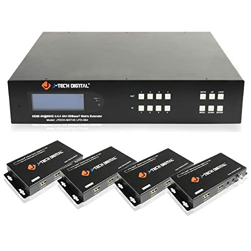 J-Tech Digital HDBaseT 4x4 Matrix Extender Switcher Supports HDMI2.0 HDCP2.2 4K60Hz 4:4:4 HDR Dolby Vison with 4 PoC Receivers, Over Single Cat5e/6 Cable, J-Tech Digital Control App, Control4 Driver