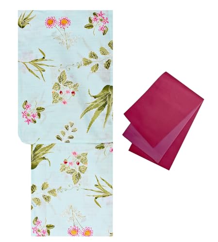 [きもの和ネットショップ給前] 浴衣 レディース 大人 浴衣2点セット（浴衣＋半幅帯） Fサイズ 綿 綿麻 女浴衣 黒 白 赤 緑 祭り花火 Nset0701 (7.水×ﾁｪﾘｰ(set0701P), フリーサイズ) - ノーブランド品 - 商品画像