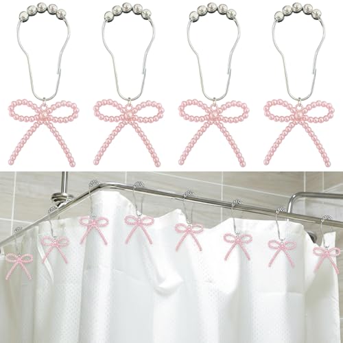 Shower Curtain Hooks Pink 12 Pack Pink Shower Curtain Hooks with Cute Bow Charms Cute Shower Hooks Bows for Girl Shower Curtain Decor Aesthetic Shower Hooks for Bathroom