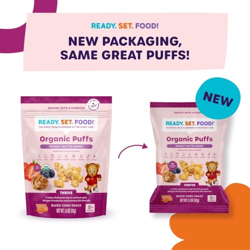Ready Set Food Organic Puffs – Early Allergen Introduction Snack Puffs w/ 9 Top Allergens: Organic Peanut, Cashew, Egg & More, No Added Sugar, Babies 8+ Months (Daniel Tiger Peanut Butter Berry, 6-Pk) - Thumbnail 5