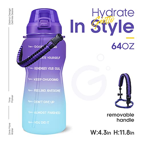 Giotto Large Half Gallon/64Oz Motivational Water Bottle With Paracord Handle & Removable Straw - Leakproof Tritan Bpa Free Fitness Sports Water Jug With Time Marker-Grape/Green Gradient #TOP1