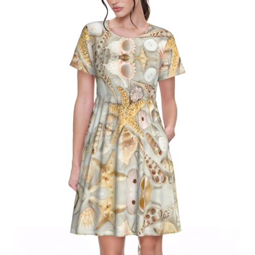Robe d'été mi-longue imprimé étoiles de mer et col rond fluide