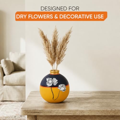 Image of Aakriti Art Creations Sunset Flower Terracotta Matki Vase (5x5x6) | Handmade Floral Art Decorative Vase | Matte Finish Yellow Flower Vase for Living Room Decor, Table Decor, Shelf Decor & Gifting