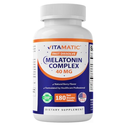 Vitamatic Fast Dissolve Melatonin Complex 40 mg Natural Berry Flavor 180 Tablets | Made with Beet Root Chamomile & Ashwagandha Extract | Non-GMO Made in USA