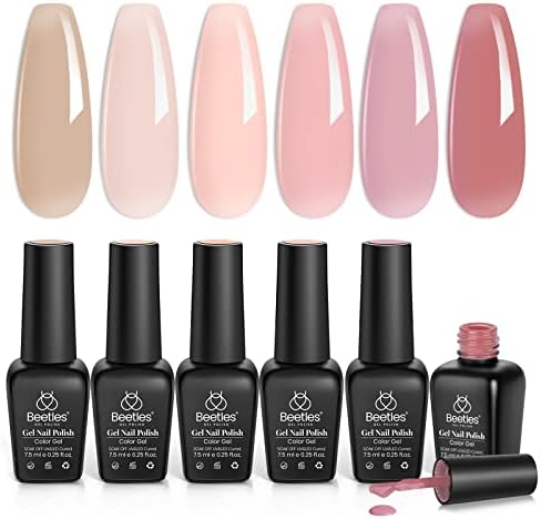 Beetles Gel Nail Polish Kit, 6 PCS Jelly Gel Polish Nude Pink Color Gel Neutral Nail Art Design Translucent Gel Nail Kits Soak Off Nail Lamp Cured Nail Manicure DIY Home Mother's Day Gifts for Women
