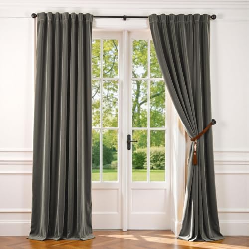 Image of Grey Velvet Curtains Modern Luxury Rod Pocket 62x96 Inch 2 Panels | Soft Velvet, Room Darkening, For Bedroom & Living Space, Light Shifting Texture, Elegant Drape, Cozy