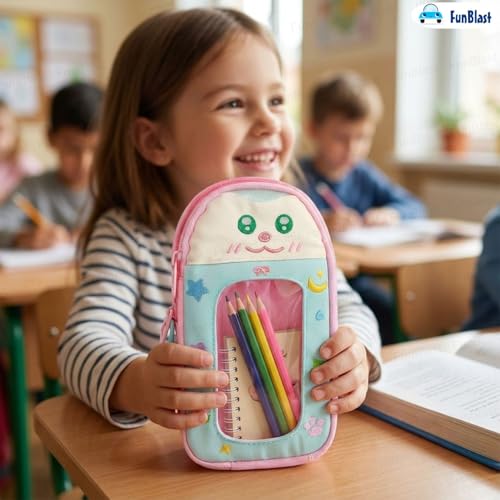Image of FunBlast Pencil Pouch for Kids, Girls - Large Capacity Multipurpose Stationery Zipper Pouch with Hanging Strap for Kids & Adults, Kawaii Aesthetic Pencil Case Organizer for Girls (Pink-)